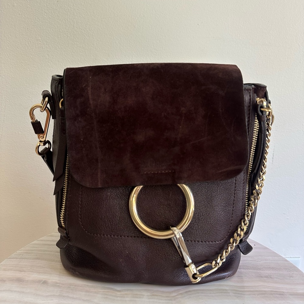 Chloé Dark Brown Leather & Suede Faye Shoulder Bag with Gold Hardware